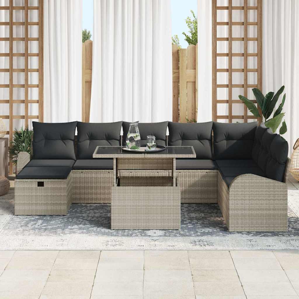 Garten-Sofa-Set mit Kissen 9 pcs Hellgrau Poly Rattan